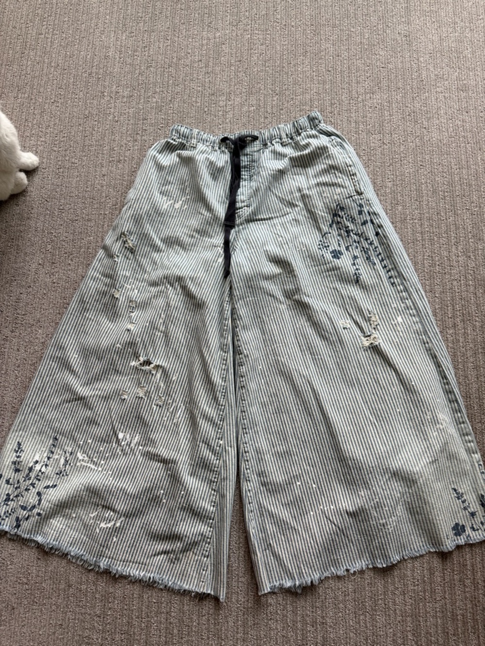 We The Free Striped Distressed Wide Leg Jeans in Blue and White